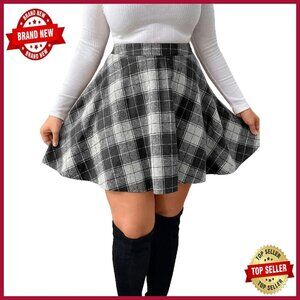 Plus Size Plaid Mini Skirt High Waisted A-Line Flare Pleated